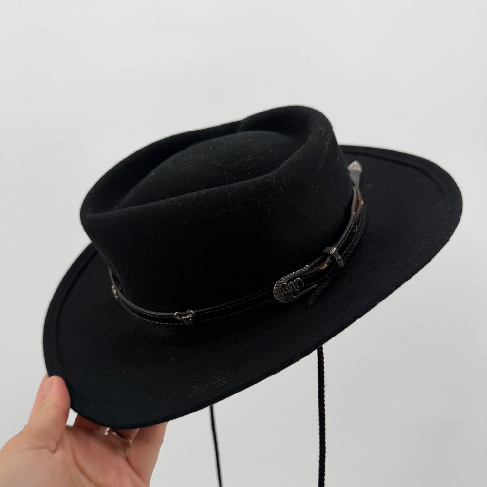 Kids Vintage Black 100% Wool Felt Western Cowboy Hat Silver Hardware Size M